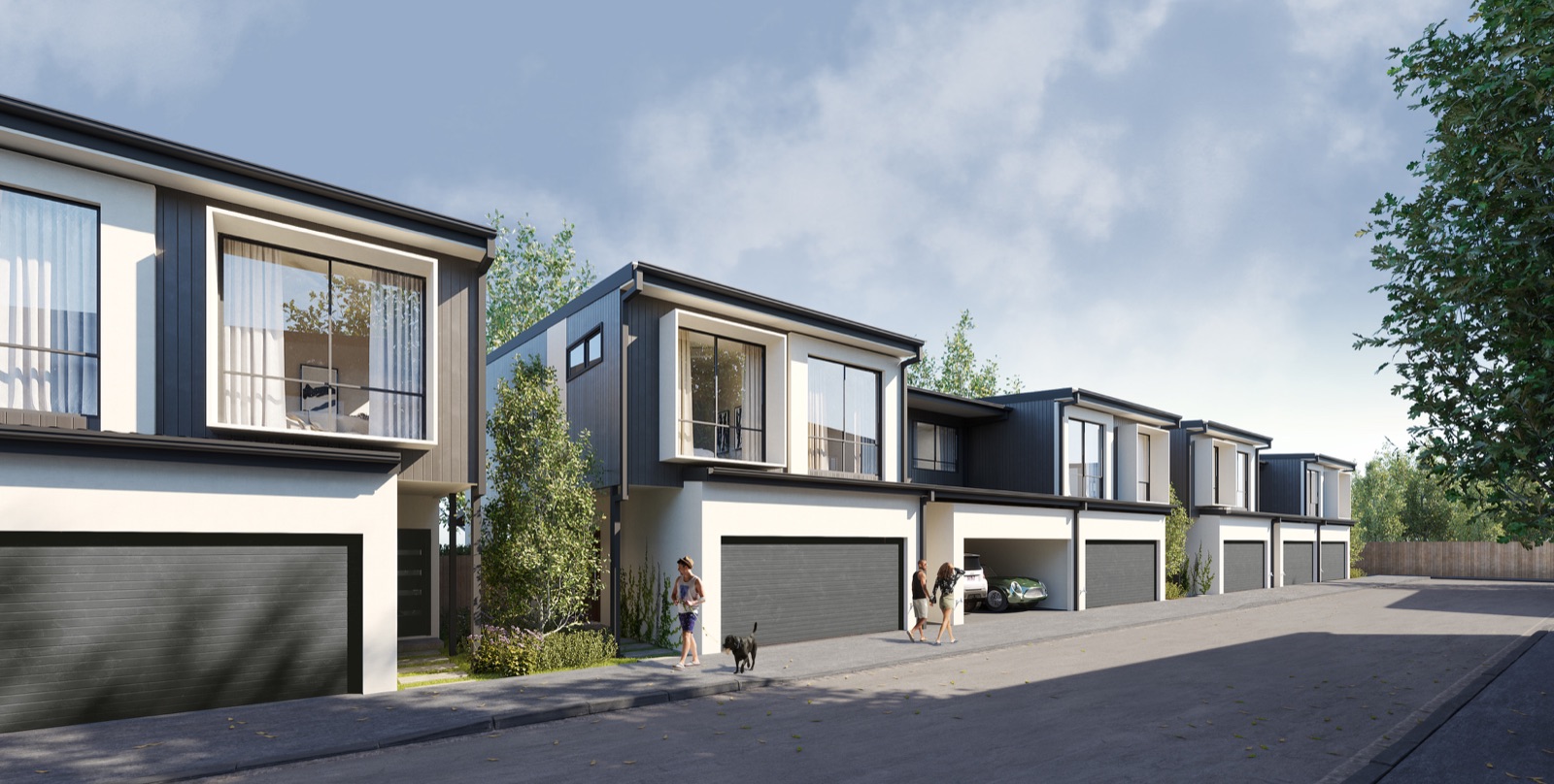 Artist impression of townhome façades and streetscape at Arabella