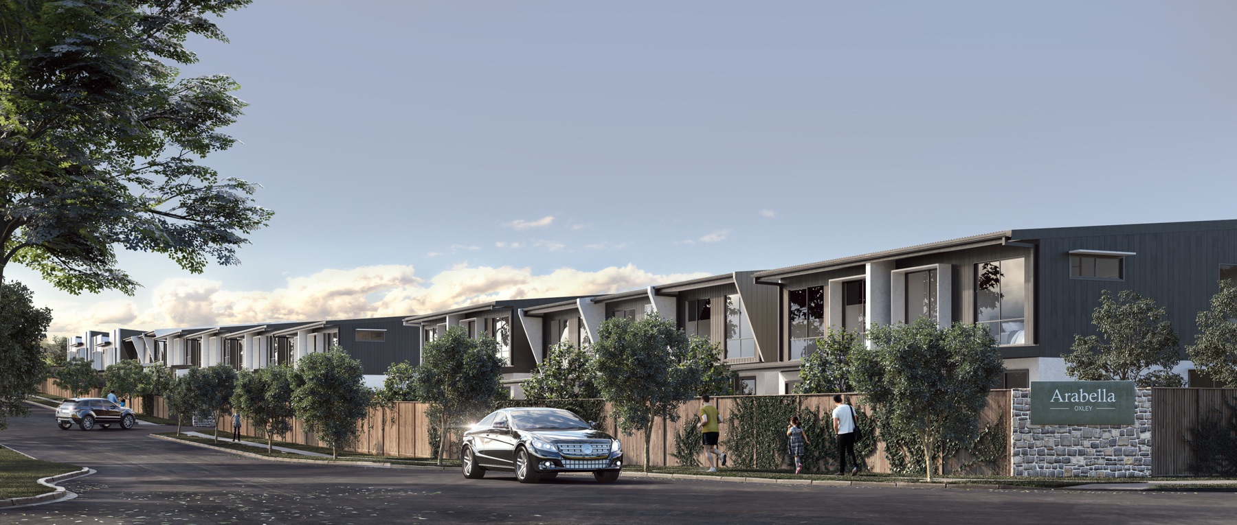 Artist impression showing the landscaped streetscape of Arabella Townhomes